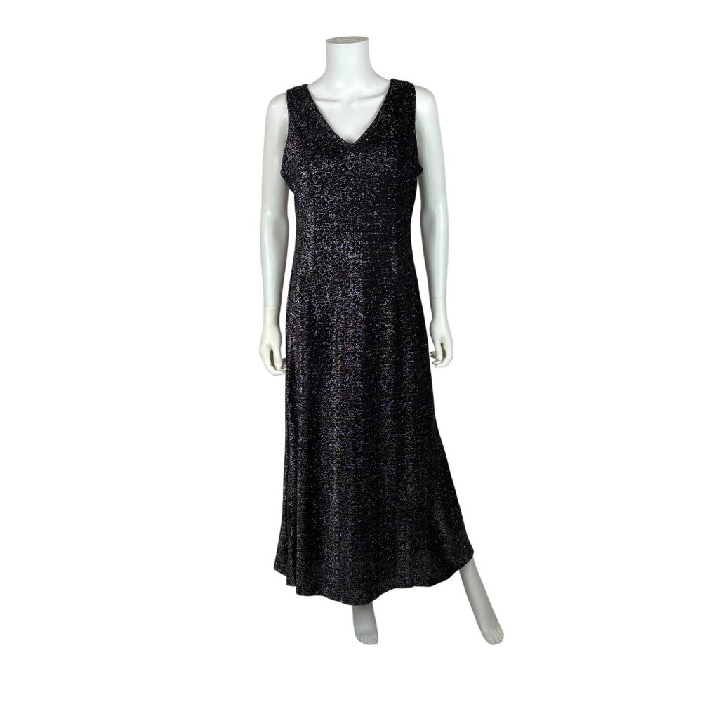 Vintage 70s Metallic Dress Womens Large Black Silver Lurex V Neck Midi Evening P - Picture 1 of 10